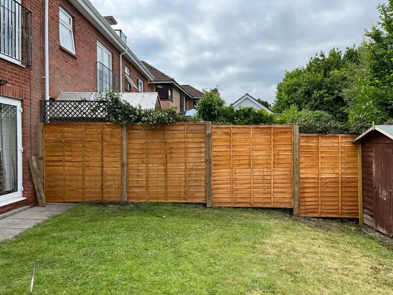 After: the same garden with a straight new run of fence panels on timber posts
